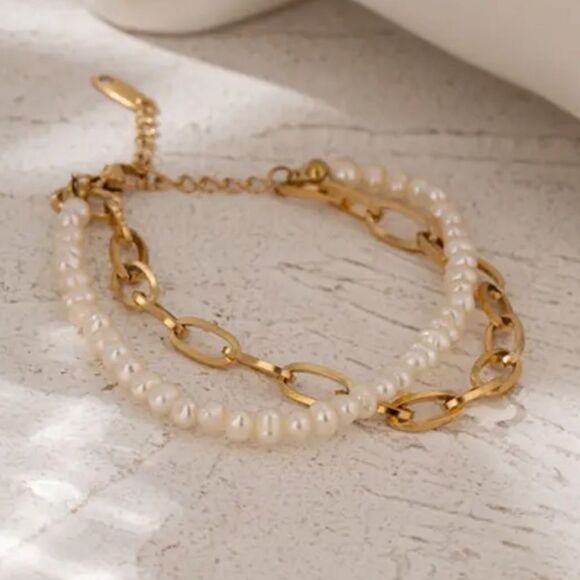 #38 Double Layer Gold Chain Freshwater Pearl Bracelet - Picture 6 of 7